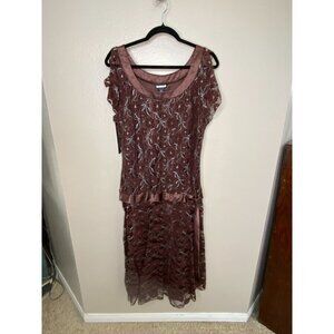 Believe Brown Floral Lace Dress Womens 16 Satin Waist Detail Elegant Style